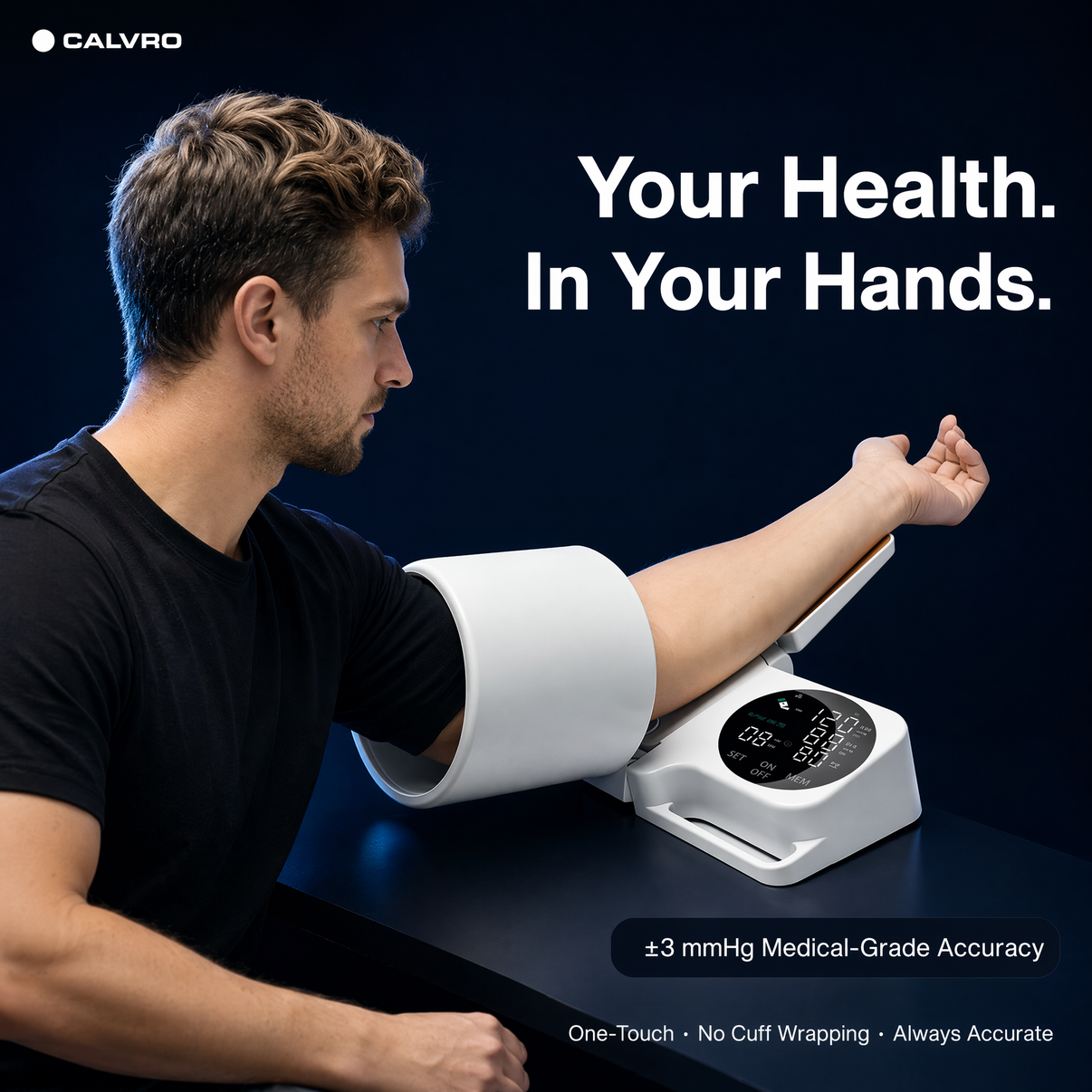 A man in a black t-shirt demonstrates a Calvro digital arm blood pressure monitor, with the cuff wrapped around his upper arm and the device resting on a dark table. The background is a dark navy blue with white text reading 'Your Health.