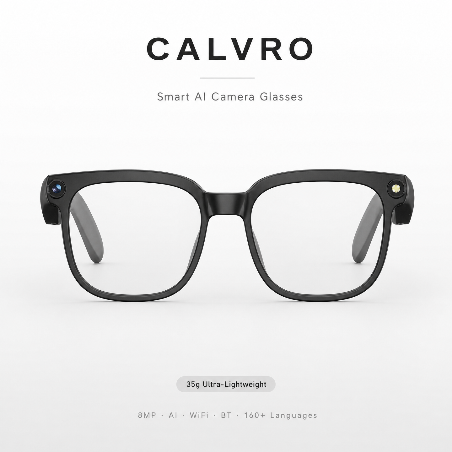 Black smart camera glasses with 'Calvro' branding on a white background