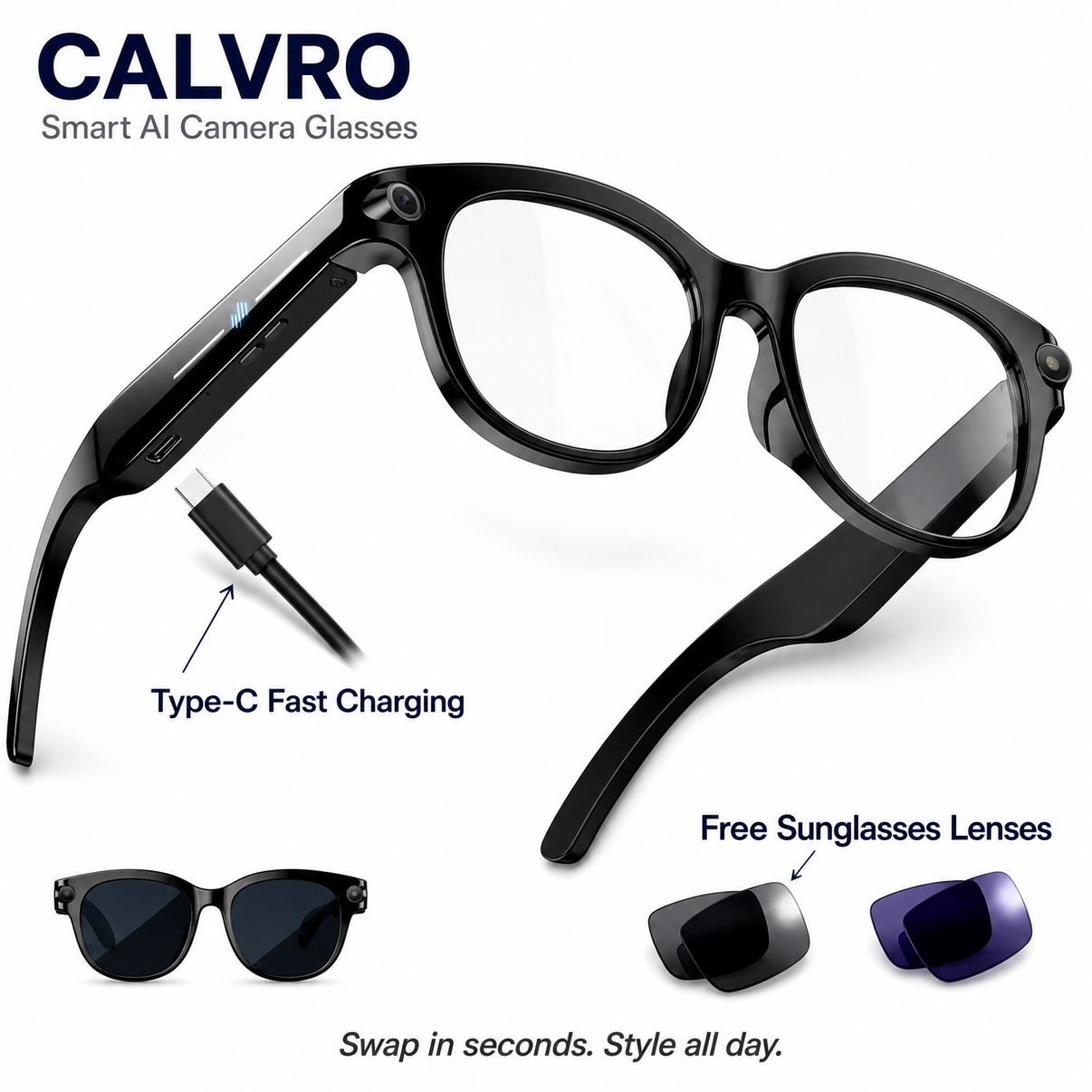 Smart AI camera glasses with charging cable and sunglasses lenses on a white background, branded 'Calvro'.
