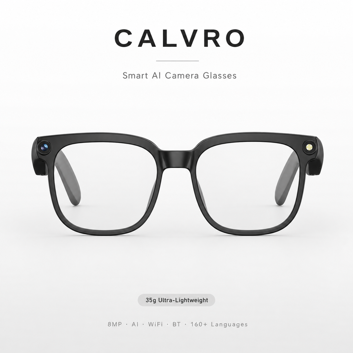 Black smart camera glasses with 'Calvro' branding on a white background
